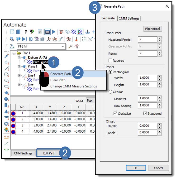 dialogs for setting measure planes path in verisurf automate