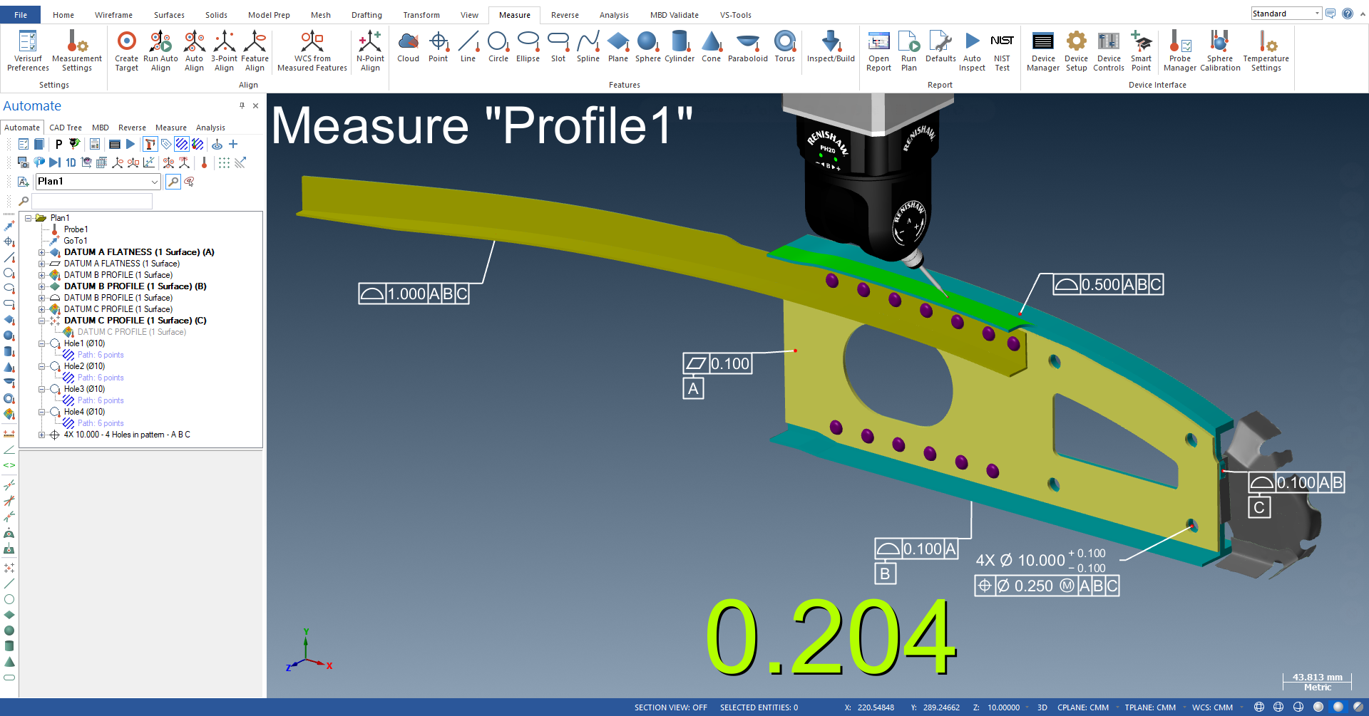 CMM inspecting airfoil rib with Verisurf