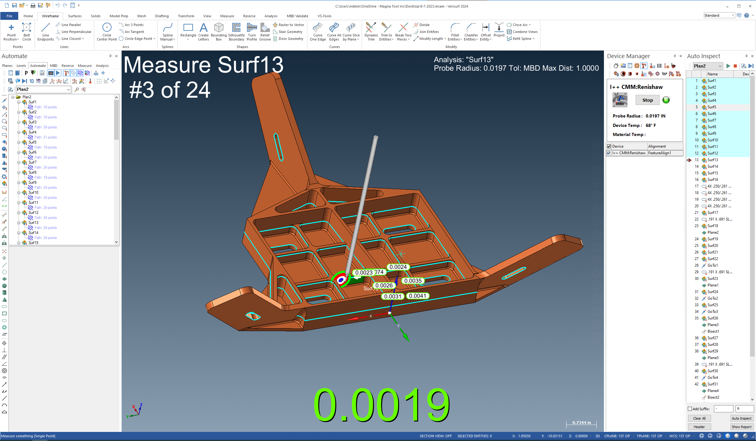 Verisurf live onscreen view of CMM probing in progress